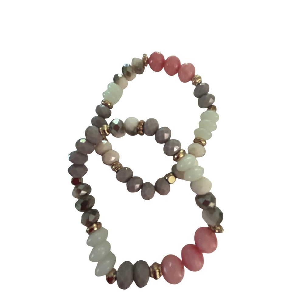 Pink Grey Cream Beaded Stretch Bracelet Set 2 Piece Stackable Boho Jewelry